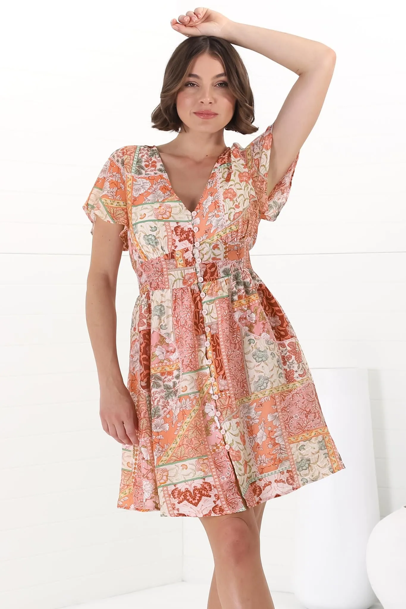 Aurelia Mini Dress - Button-Down Flutter Sleeve Dress in Anslee Print Orange sold by Salty Crush product image thumbnail 3