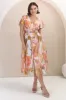 Aurelia Midi Dress - V Neckline Cap Sleeve Button Down A Line Dress in Marise Print sold by Salty Crush