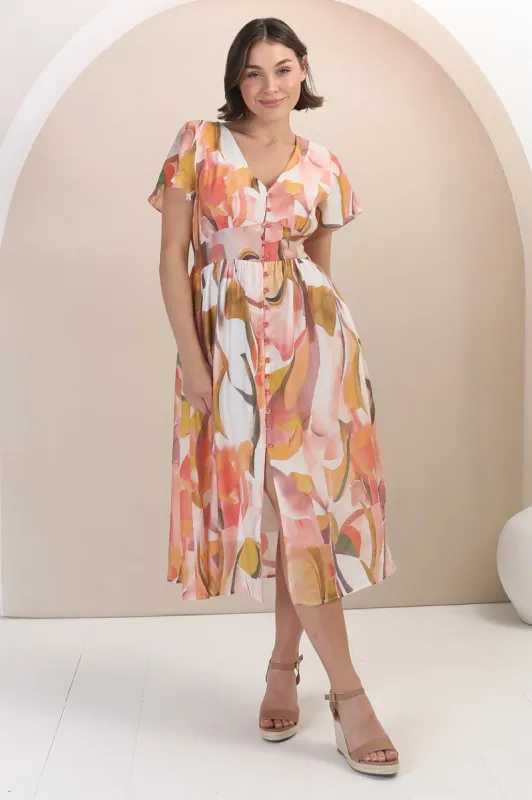 Aurelia Midi Dress - V Neckline Cap Sleeve Button Down A Line Dress in Marise Print sold by Salty Crush