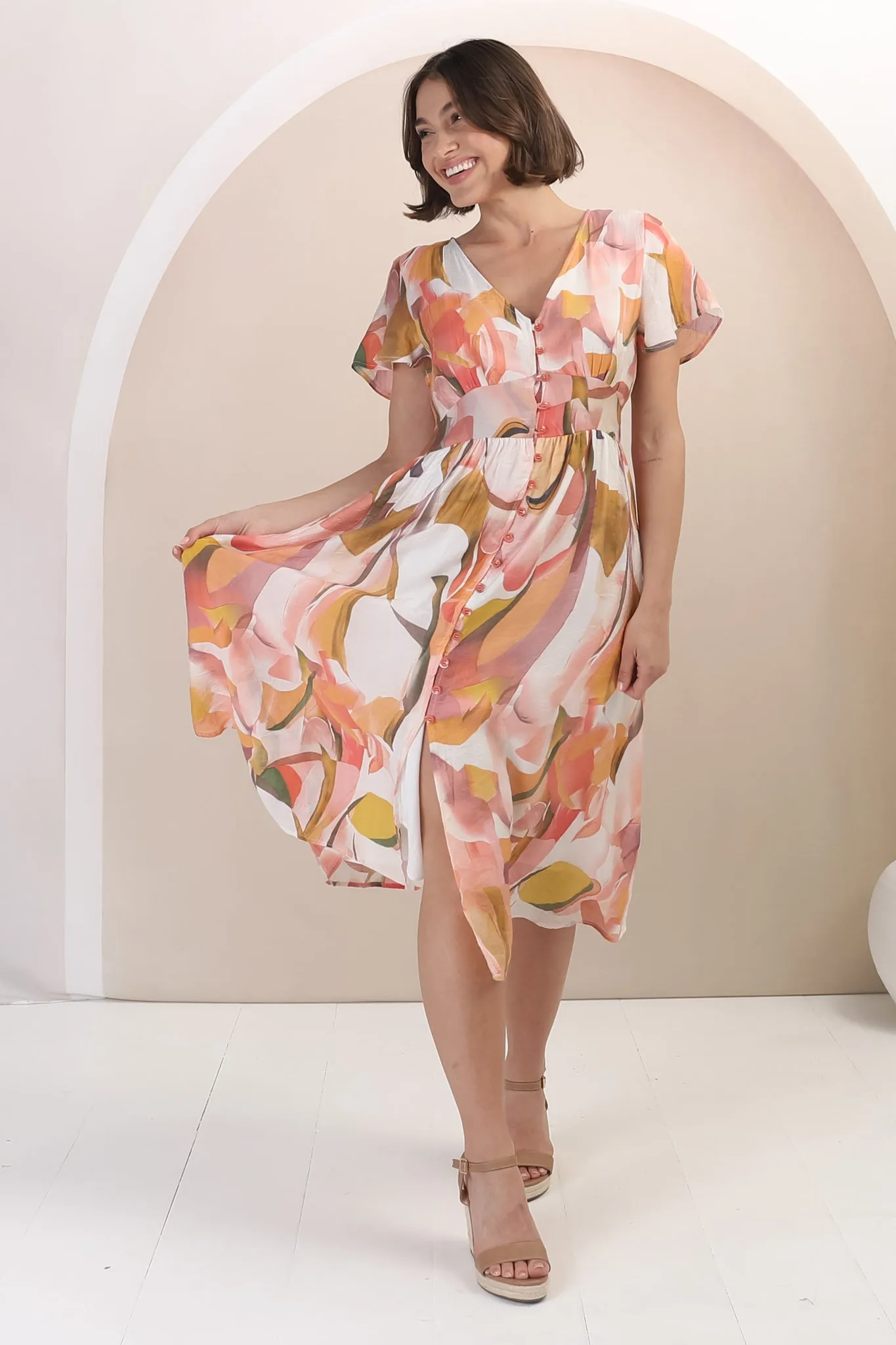 Aurelia Midi Dress - V Neckline Cap Sleeve Button Down A Line Dress in Marise Print sold by Salty Crush product image thumbnail 5
