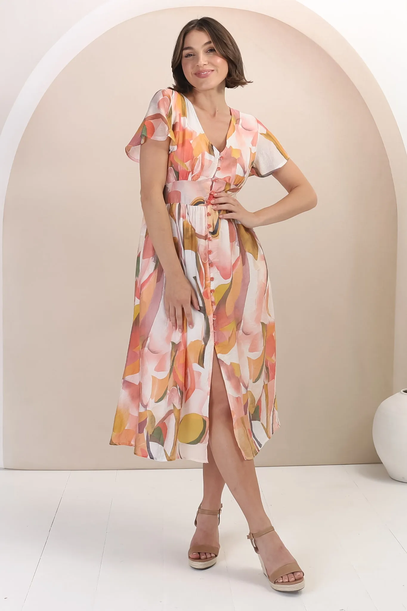 Aurelia Midi Dress - V Neckline Cap Sleeve Button Down A Line Dress in Marise Print sold by Salty Crush product image thumbnail 4