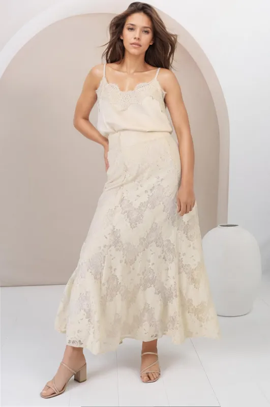 Jessica Maxi Skirt - Lace Overlay Mermaid Maxi Skirt in Cream sold by Salty Crush