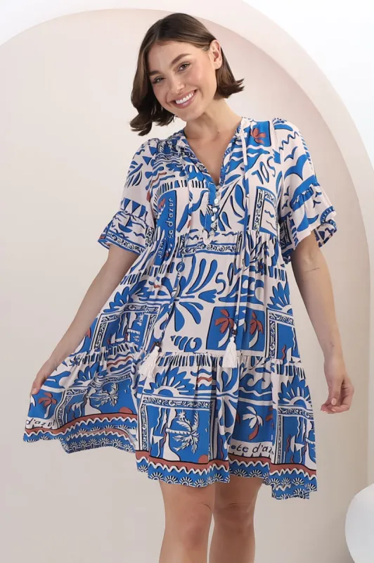 Abilia Mini Dress - Mandarin Collar Smock Dress in Gadu Print Blue sold by Salty Crush