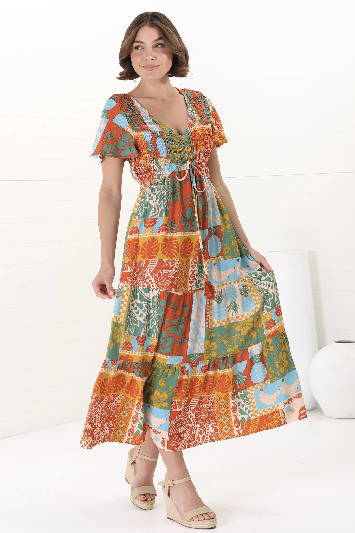 Amaya Midi Dress - Shirred Cap Sleeve A Line Dress in Chantilly Print sold by Salty Crush product image thumbnail 4
