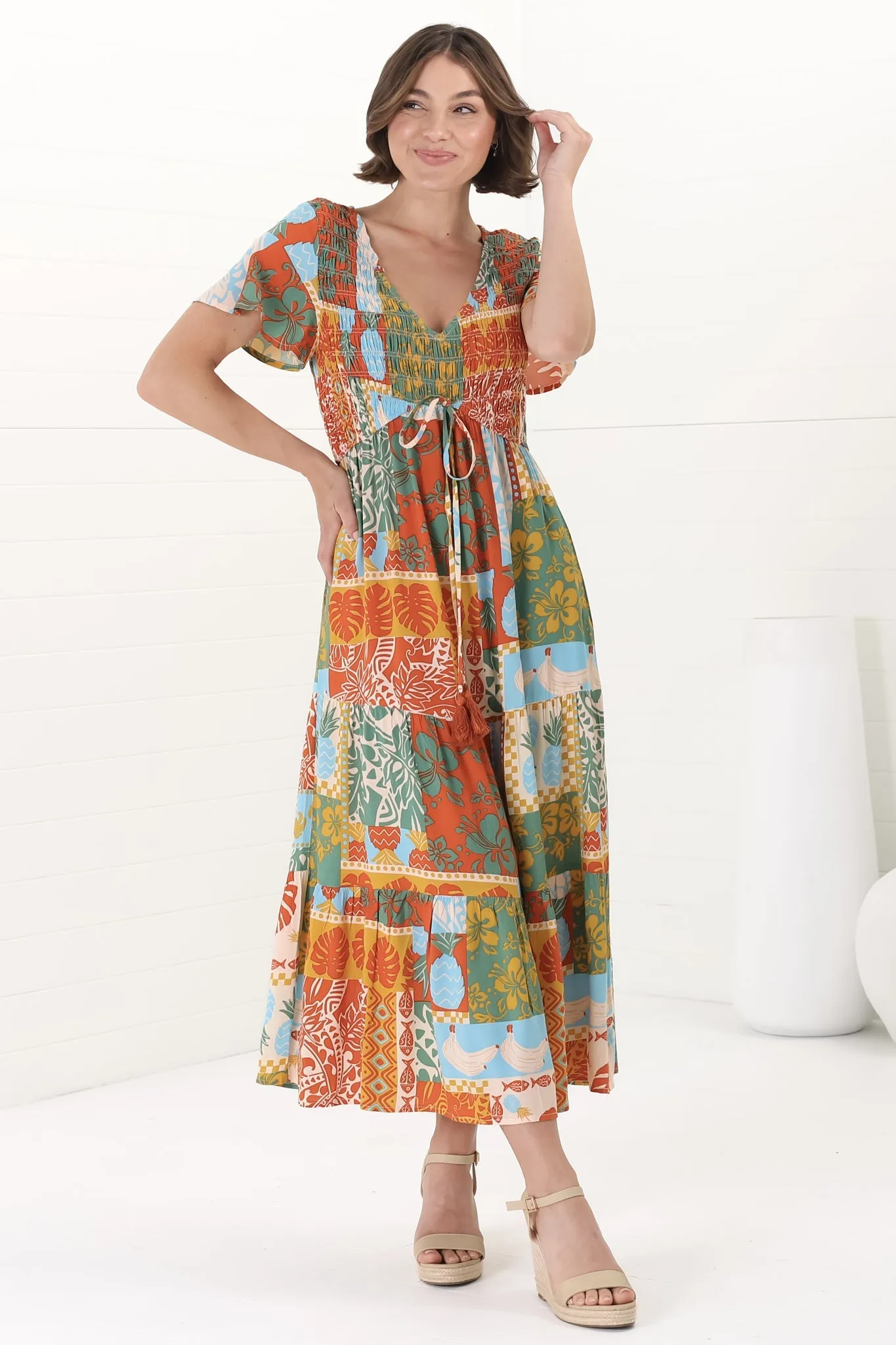 Amaya Midi Dress - Shirred Cap Sleeve A Line Dress in Chantilly Print sold by Salty Crush product image thumbnail 3