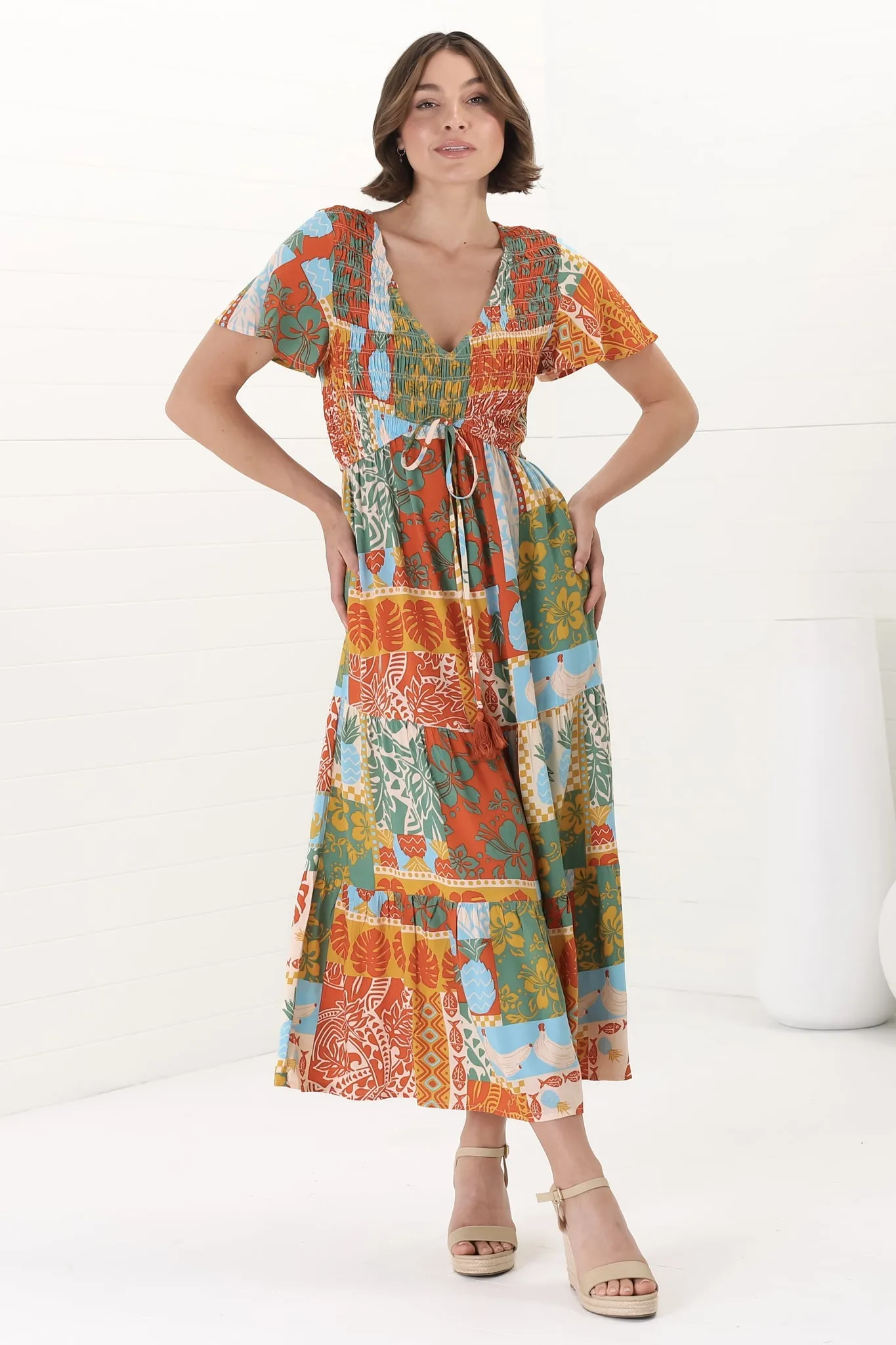 Amaya Midi Dress - Shirred Cap Sleeve A Line Dress in Chantilly Print sold by Salty Crush product image thumbnail 5