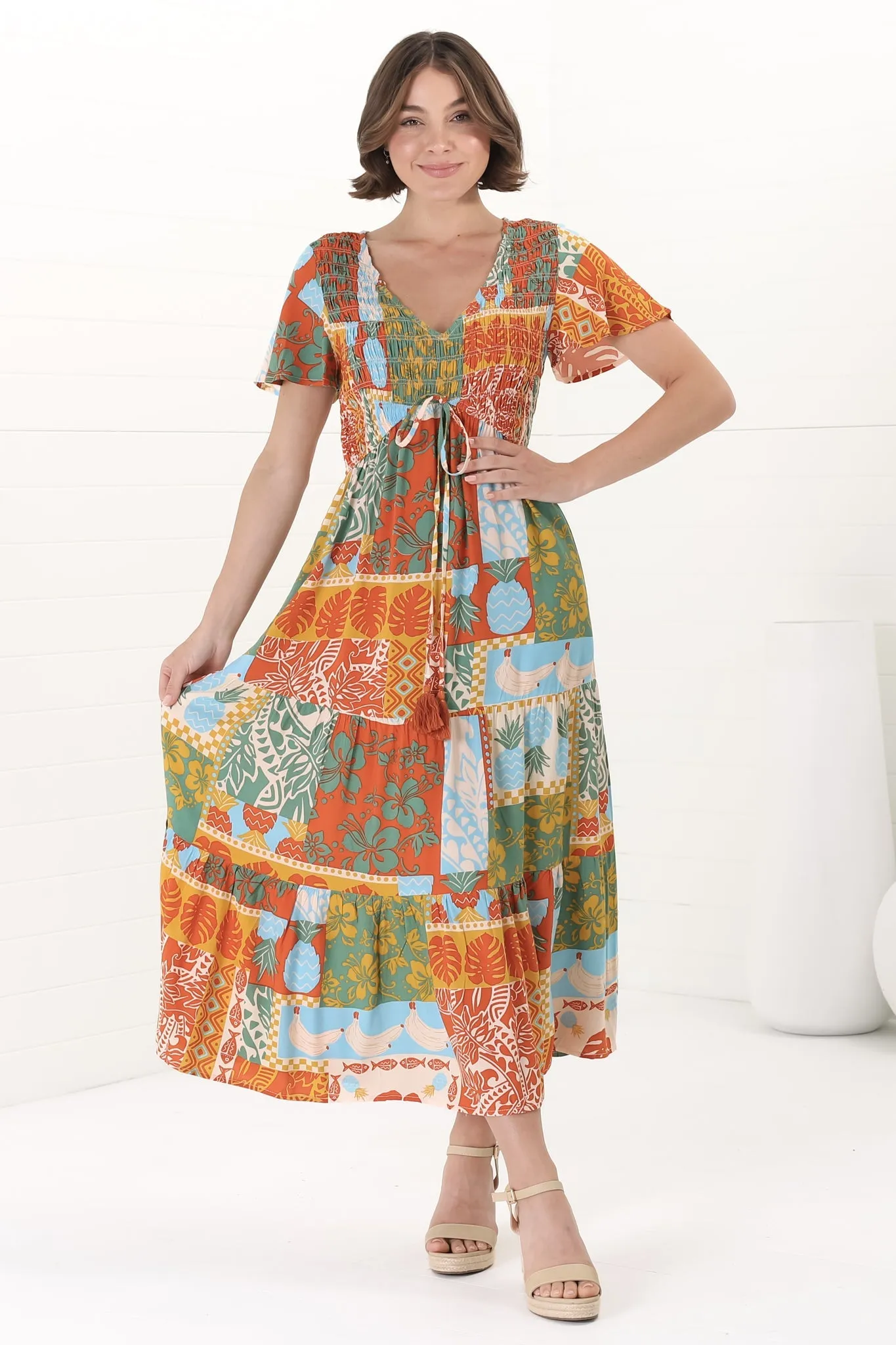 Amaya Midi Dress - Shirred Cap Sleeve A Line Dress in Chantilly Print sold by Salty Crush