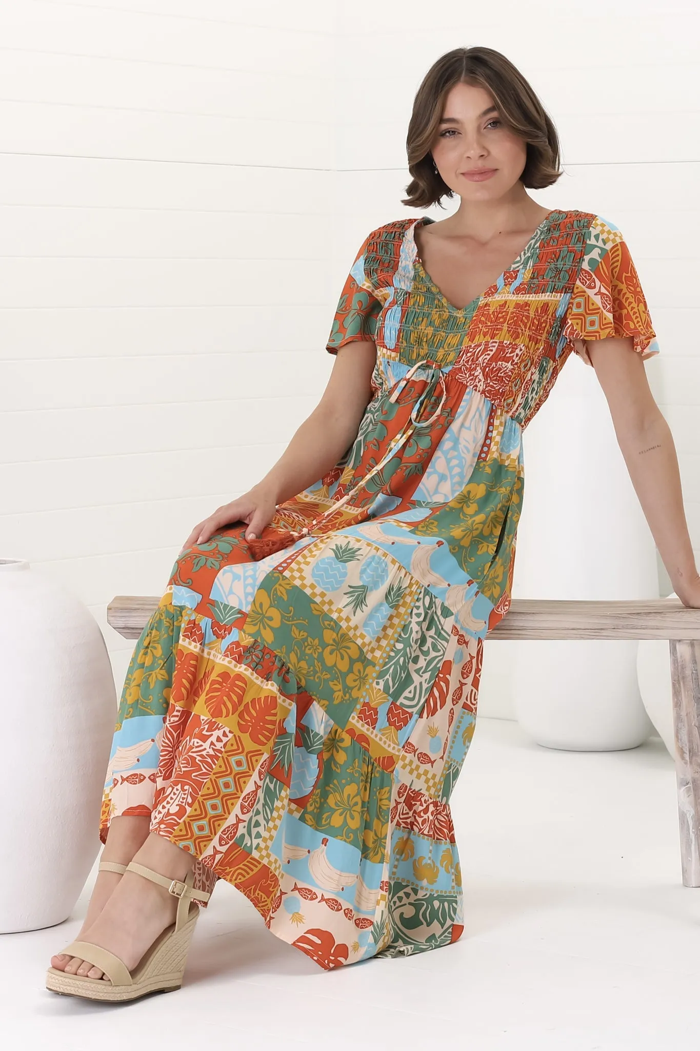 Amaya Midi Dress - Shirred Cap Sleeve A Line Dress in Chantilly Print sold by Salty Crush product image thumbnail 2
