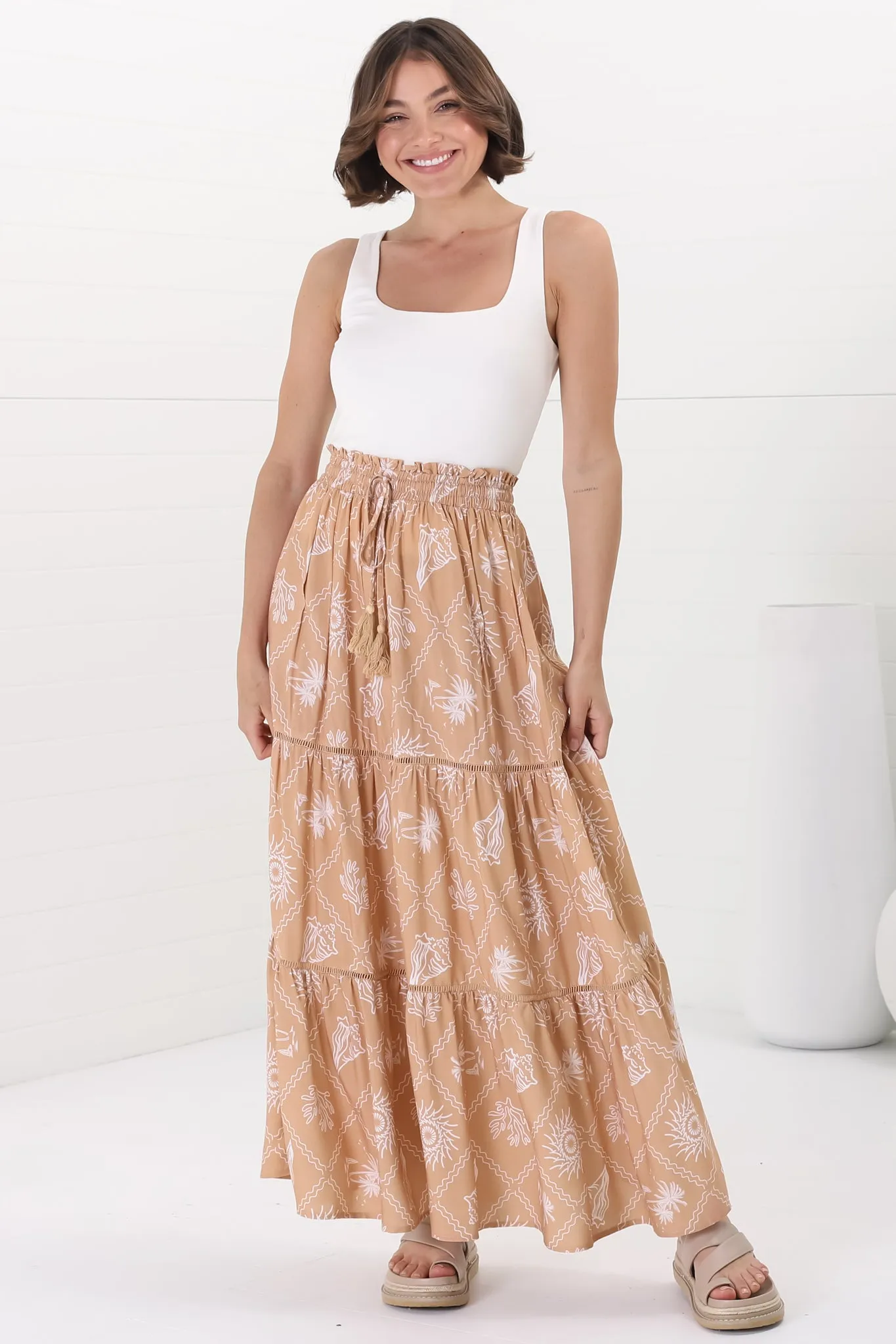 Billy Maxi Skirt - Tiered Crochet Insert Skirt in Kalah Print Beige sold by Salty Crush product image thumbnail 2