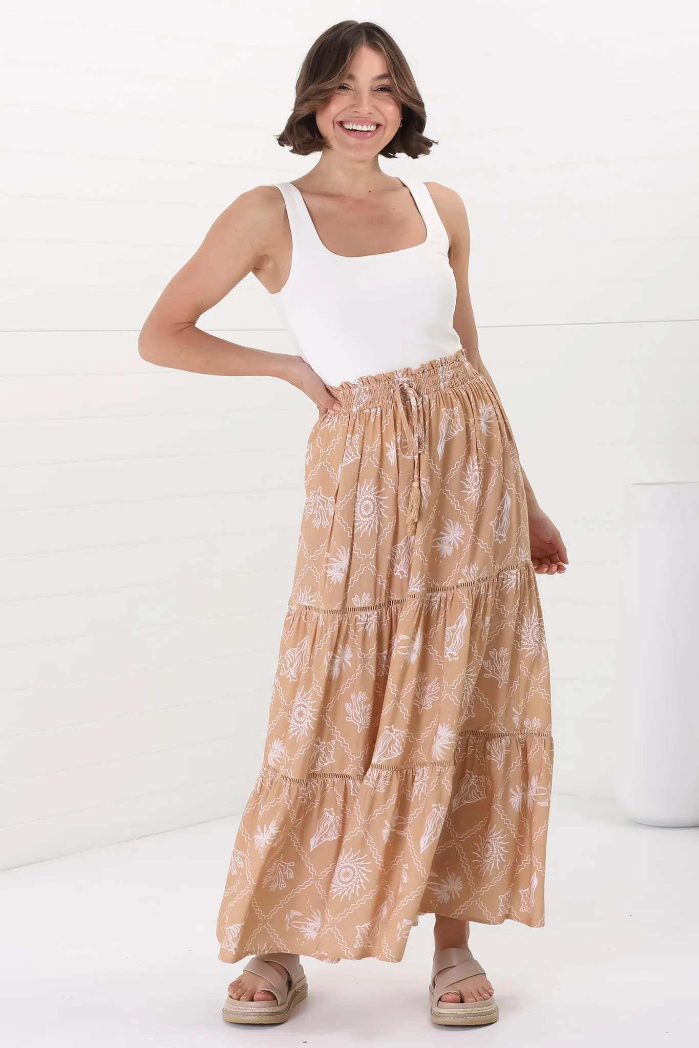 Billy Maxi Skirt - Tiered Crochet Insert Skirt in Kalah Print Beige sold by Salty Crush product image thumbnail 3