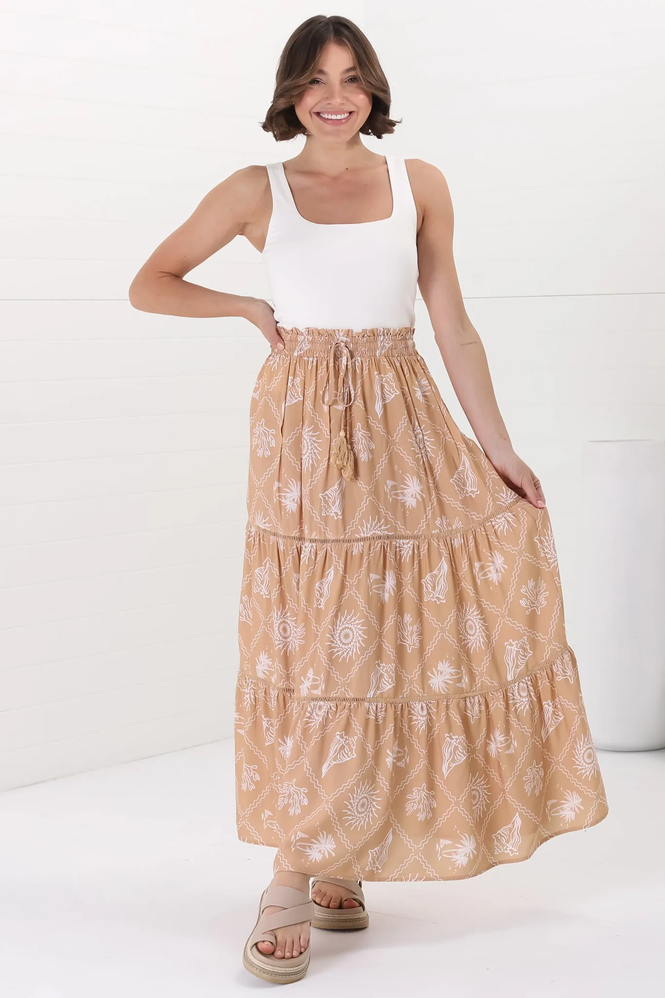 Billy Maxi Skirt - Tiered Crochet Insert Skirt in Kalah Print Beige sold by Salty Crush product image thumbnail 4