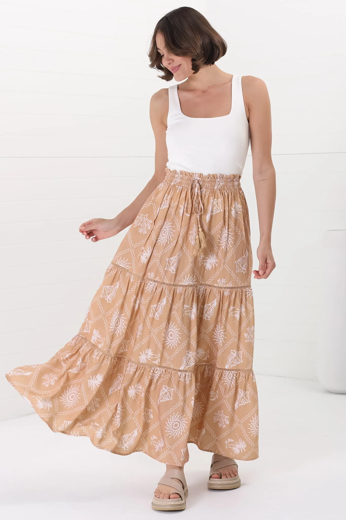 Billy Maxi Skirt - Tiered Crochet Insert Skirt in Kalah Print Beige sold by Salty Crush product image thumbnail 5