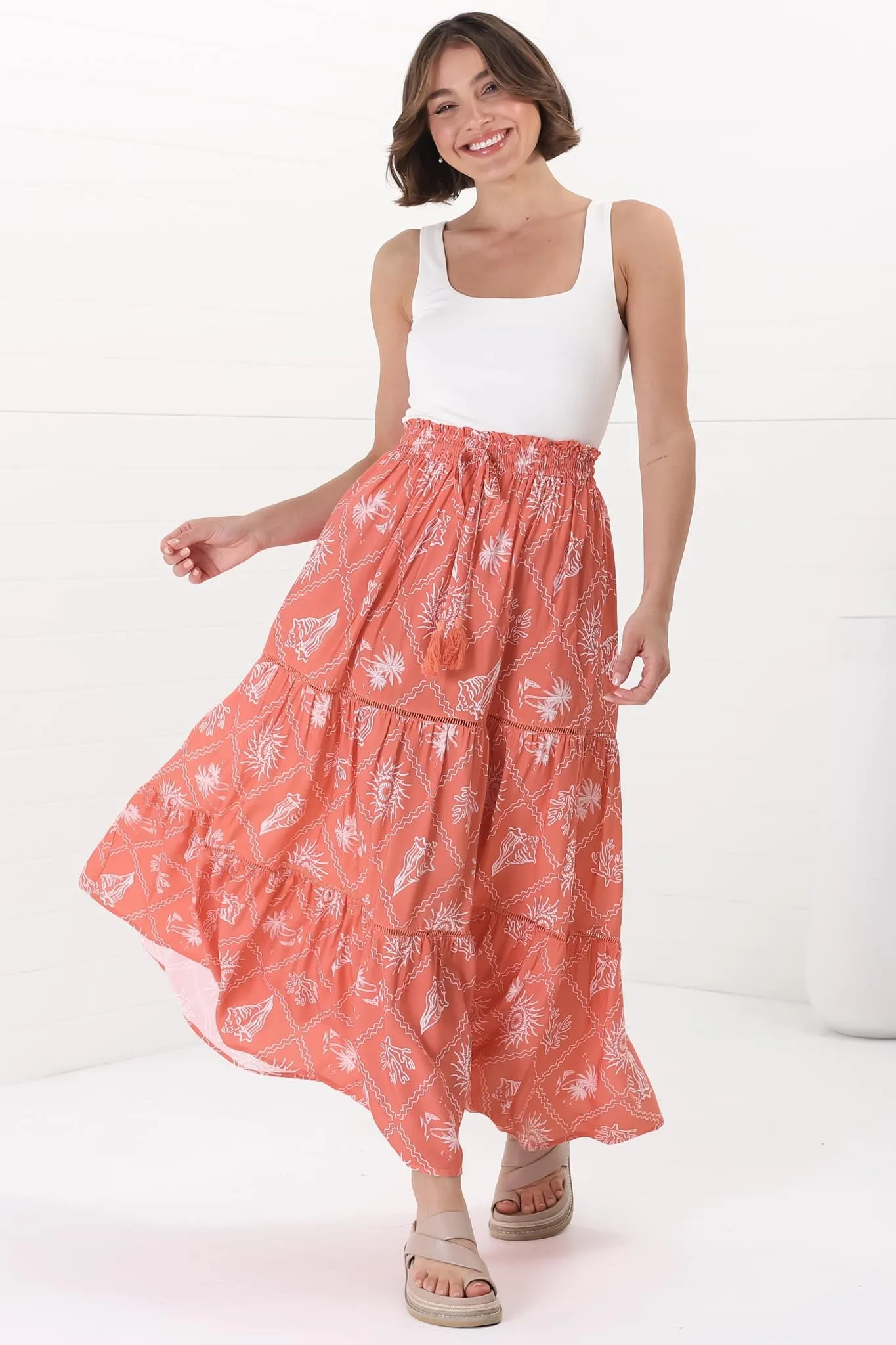 Billy Maxi Skirt - Tiered Crochet Insert Skirt in Kalah Print Orange sold by Salty Crush product image thumbnail 3