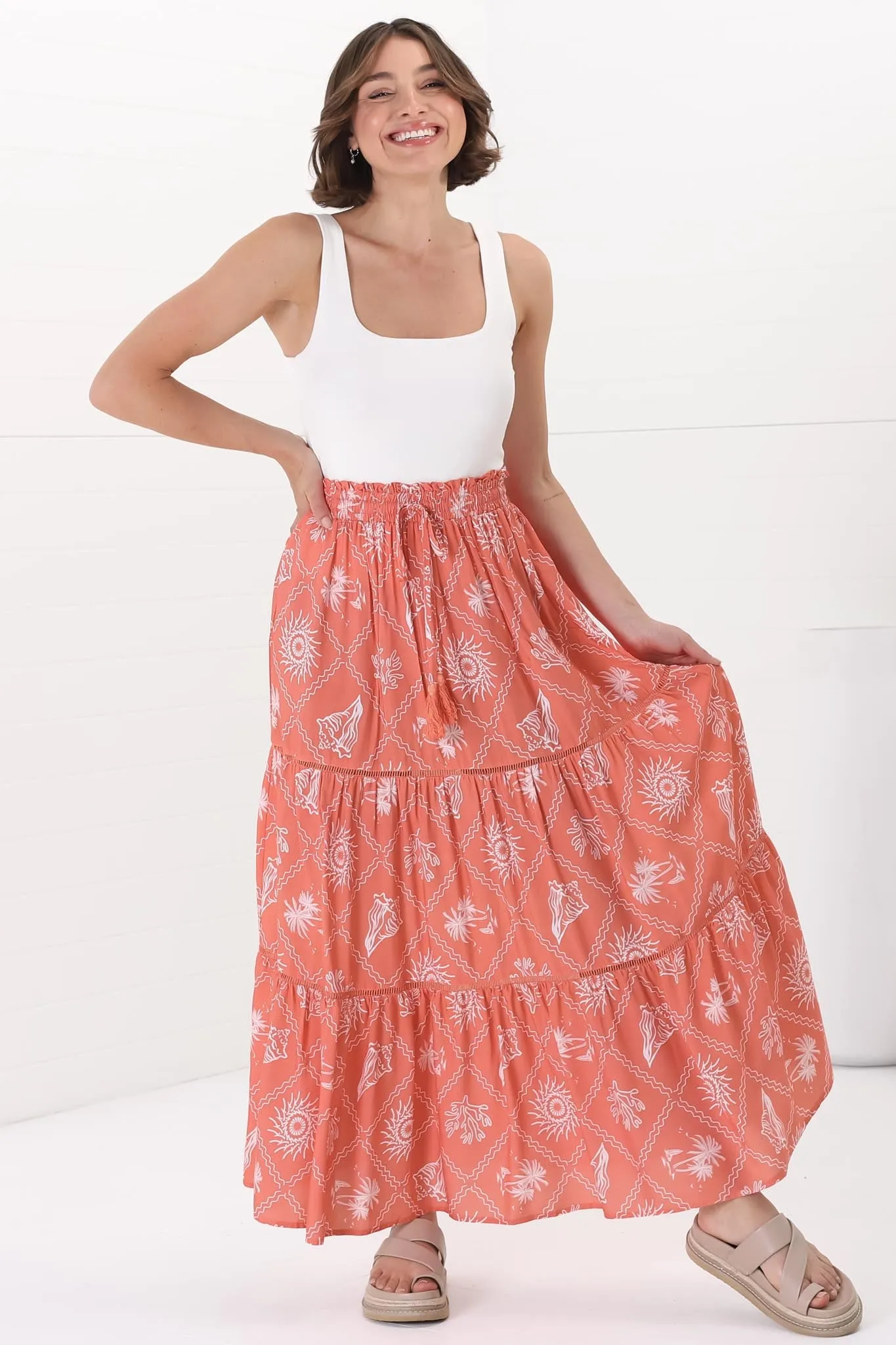 Billy Maxi Skirt - Tiered Crochet Insert Skirt in Kalah Print Orange sold by Salty Crush product image thumbnail 2