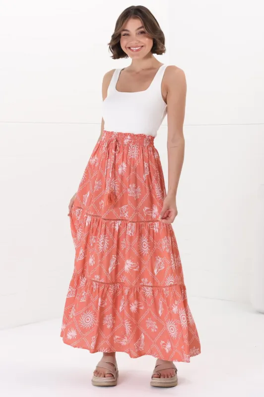 Billy Maxi Skirt - Tiered Crochet Insert Skirt in Kalah Print Orange sold by Salty Crush