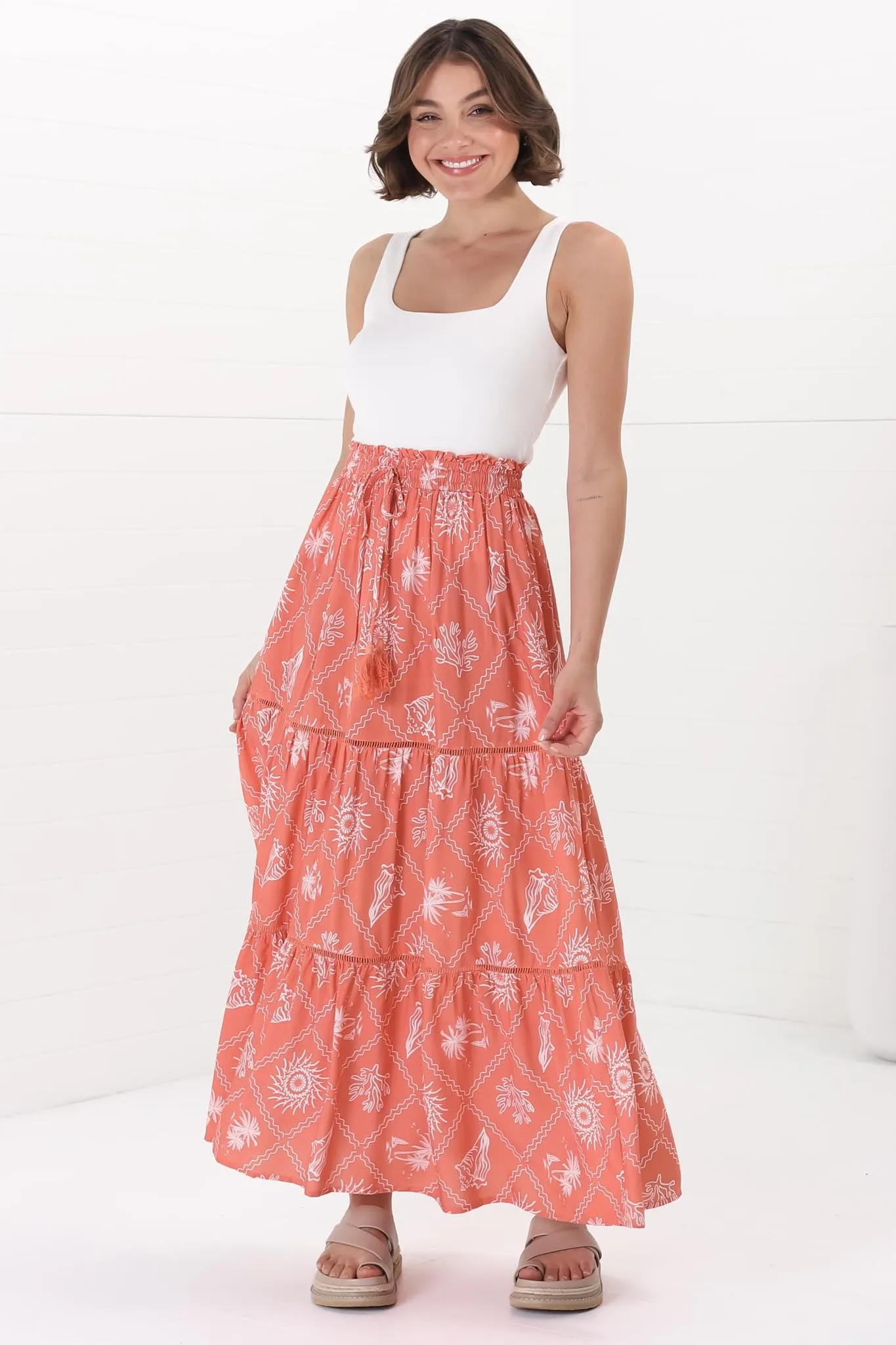 Billy Maxi Skirt - Tiered Crochet Insert Skirt in Kalah Print Orange sold by Salty Crush