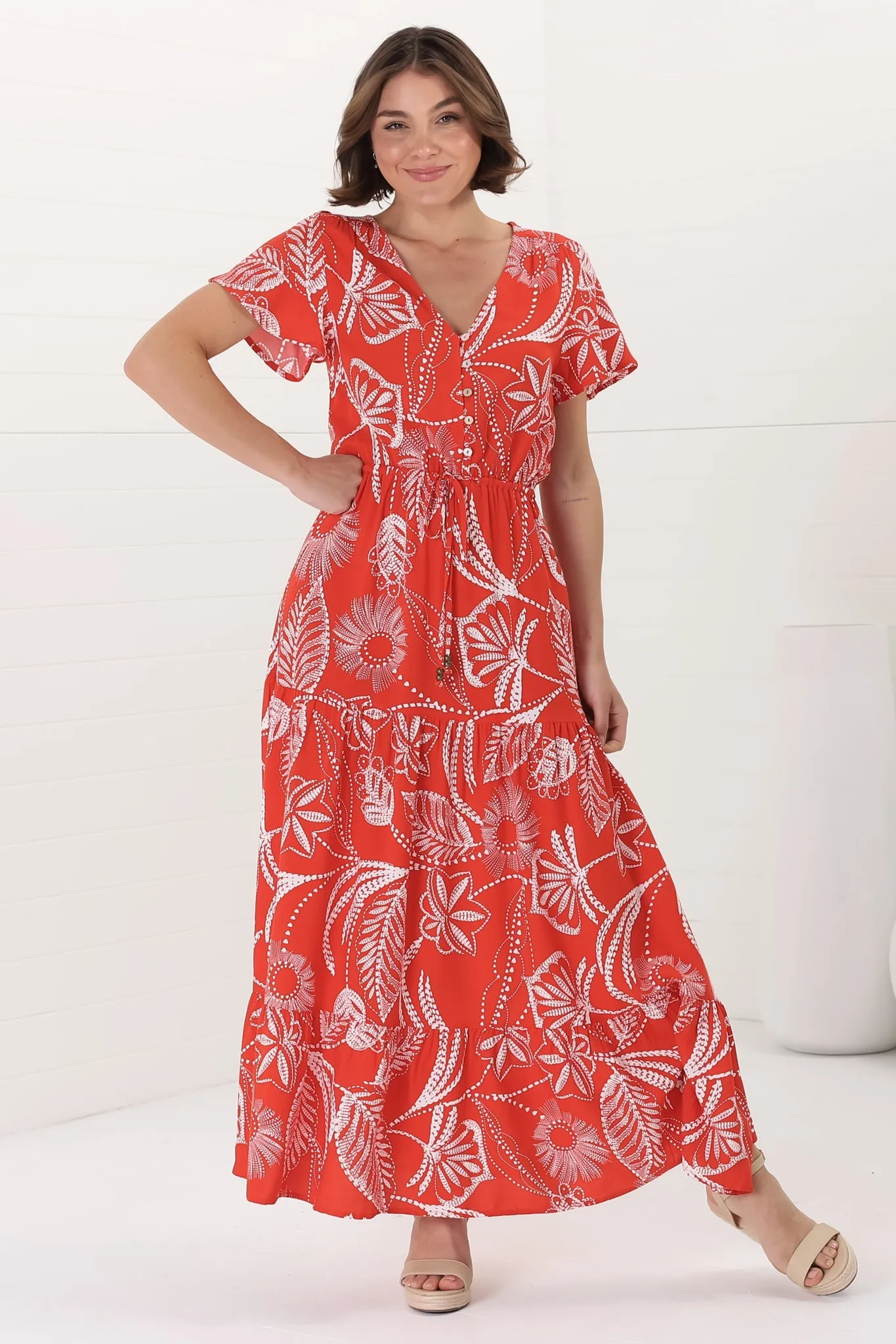 Hanna Maxi Dress - Cap Sleeve Tiered A Line Dress with Toggle Detailed Waist Tie in Havanna Print Red sold by Salty Crush