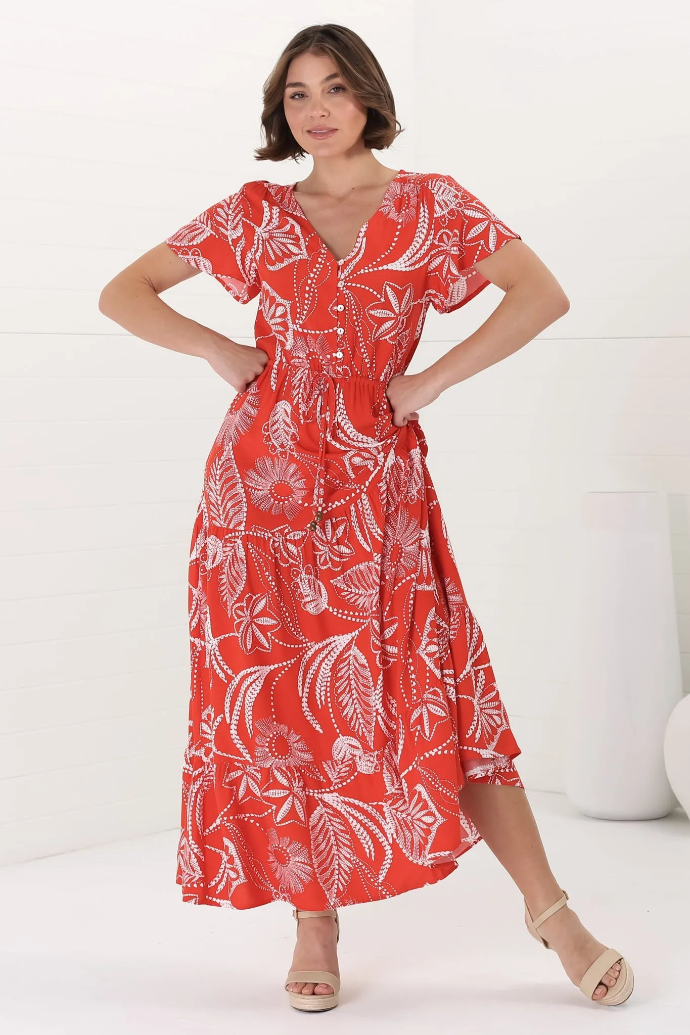 Hanna Maxi Dress - Cap Sleeve Tiered A Line Dress with Toggle Detailed Waist Tie in Havanna Print Red sold by Salty Crush product image thumbnail 3