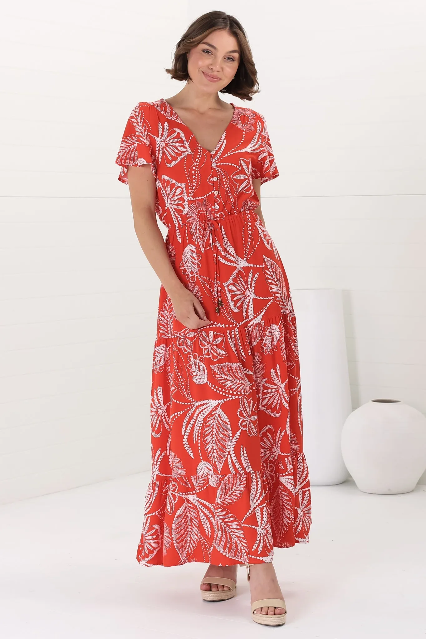Hanna Maxi Dress - Cap Sleeve Tiered A Line Dress with Toggle Detailed Waist Tie in Havanna Print Red sold by Salty Crush product image thumbnail 5