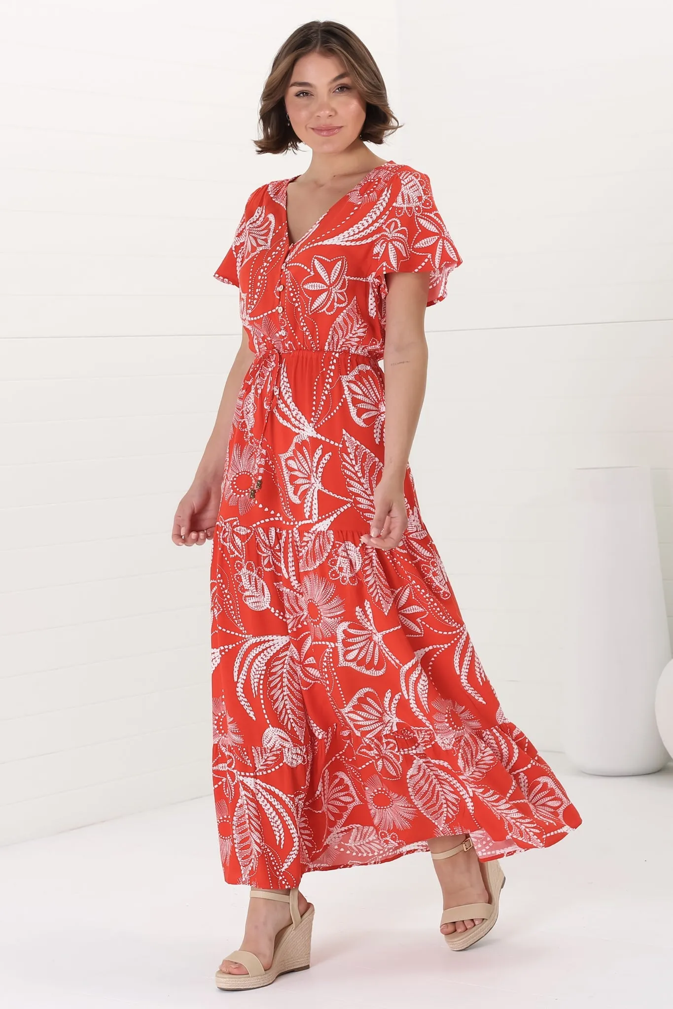 Hanna Maxi Dress - Cap Sleeve Tiered A Line Dress with Toggle Detailed Waist Tie in Havanna Print Red sold by Salty Crush product image thumbnail 4
