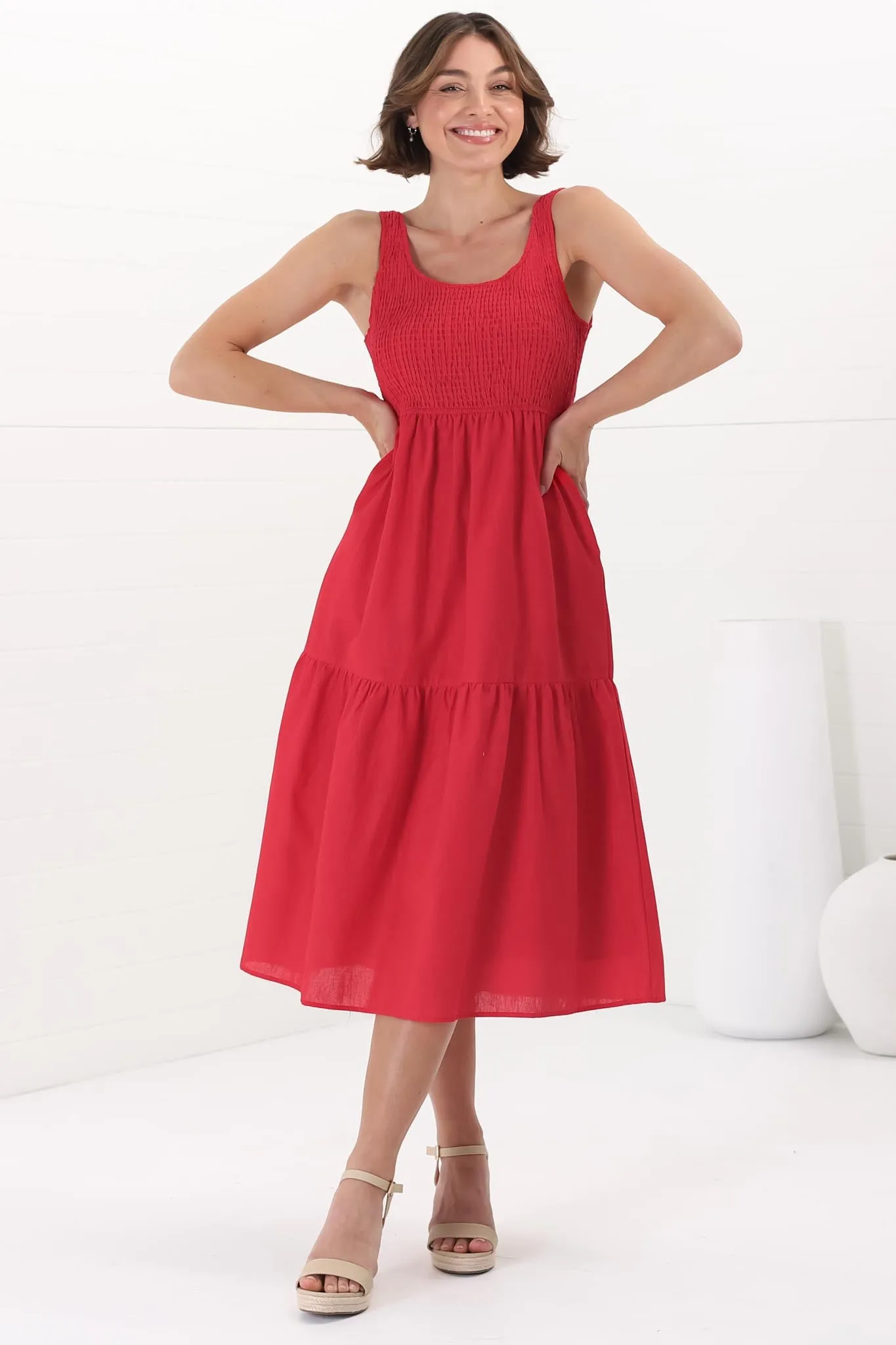 Sarlie Midi Dress - Shirred Bodice Cotton/Linen Blend Tiered Dress in Red sold by Salty Crush product image thumbnail 4