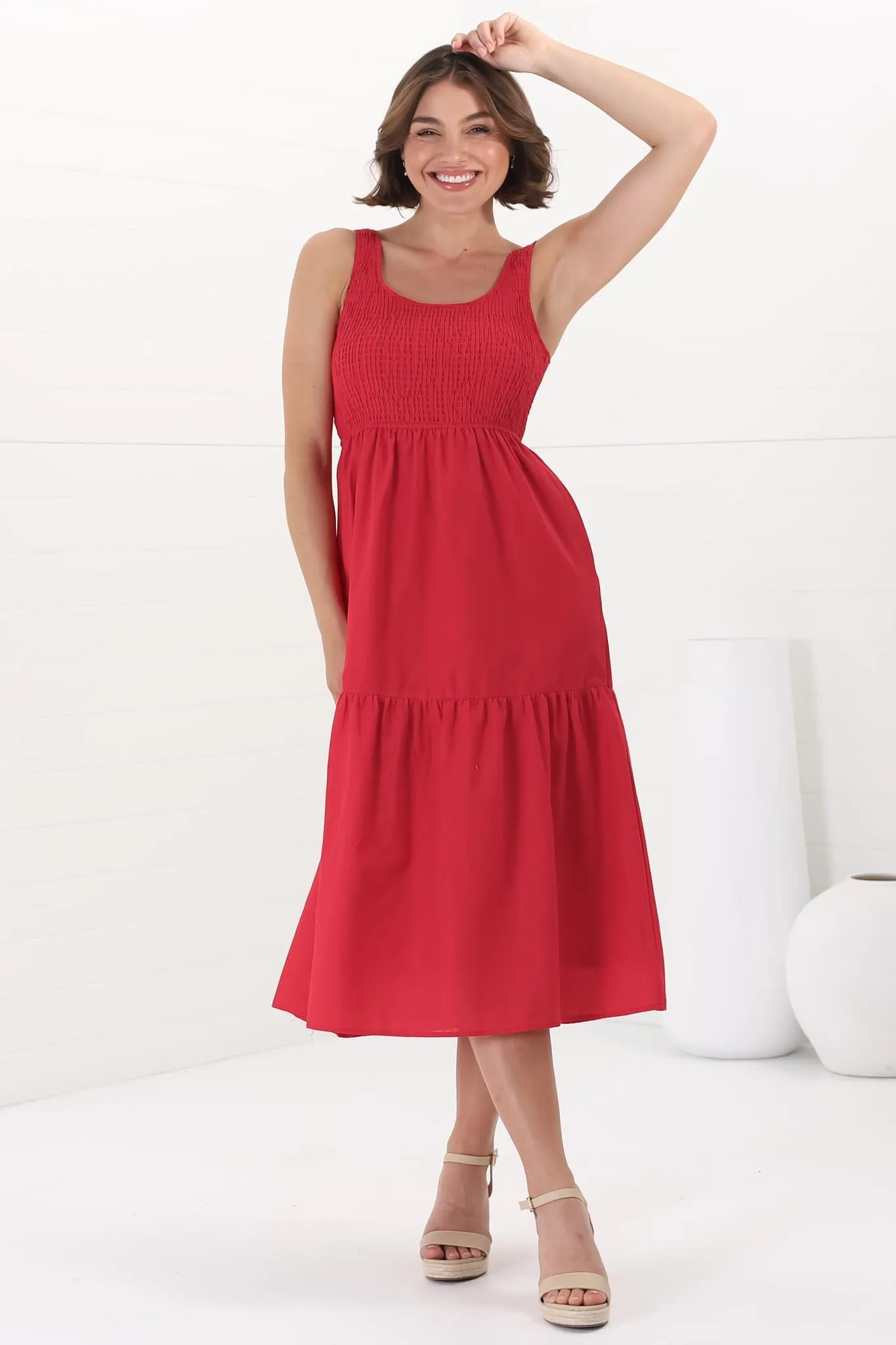 Sarlie Midi Dress - Shirred Bodice Cotton/Linen Blend Tiered Dress in Red sold by Salty Crush