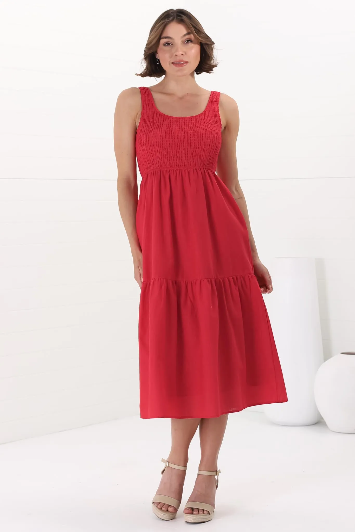 Sarlie Midi Dress - Shirred Bodice Cotton/Linen Blend Tiered Dress in Red sold by Salty Crush product image thumbnail 5