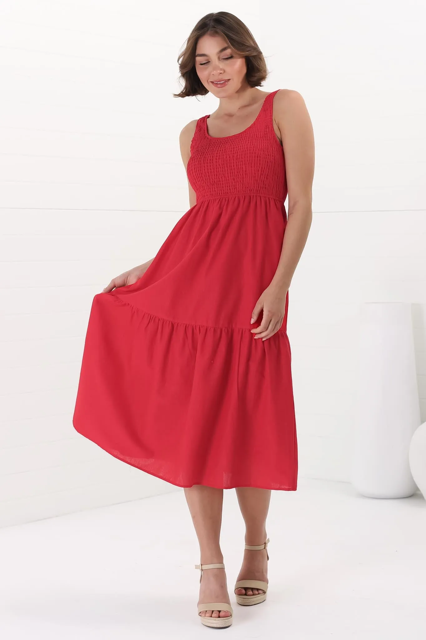 Sarlie Midi Dress - Shirred Bodice Cotton/Linen Blend Tiered Dress in Red sold by Salty Crush product image thumbnail 2
