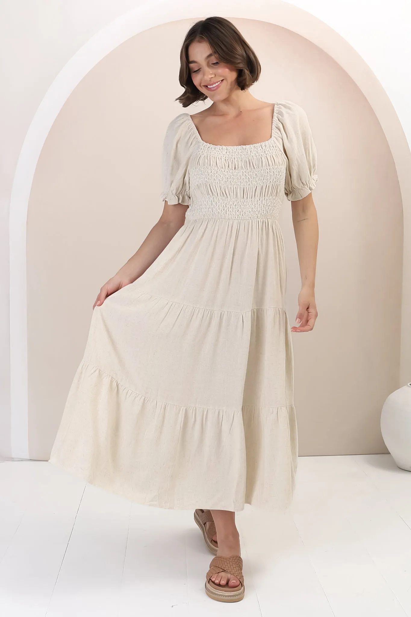 Audrey Midi Dress - On or Off Shoulder Shirred Bodice Linen Dress in Oat sold by Salty Crush product image thumbnail 2