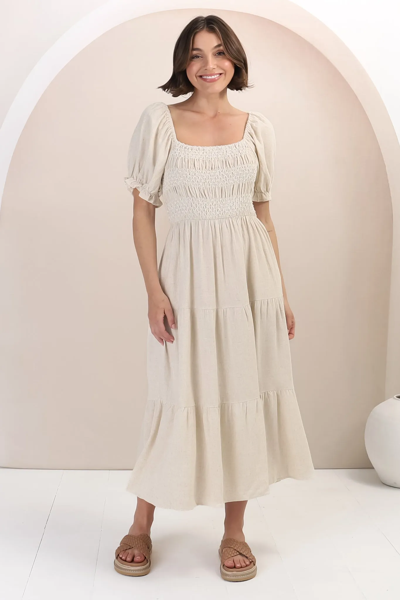 Audrey Midi Dress - On or Off Shoulder Shirred Bodice Linen Dress in Oat sold by Salty Crush product image thumbnail 3