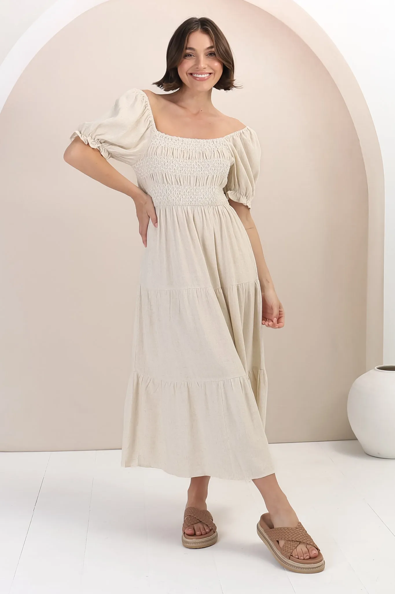 Audrey Midi Dress - On or Off Shoulder Shirred Bodice Linen Dress in Oat sold by Salty Crush product image thumbnail 4