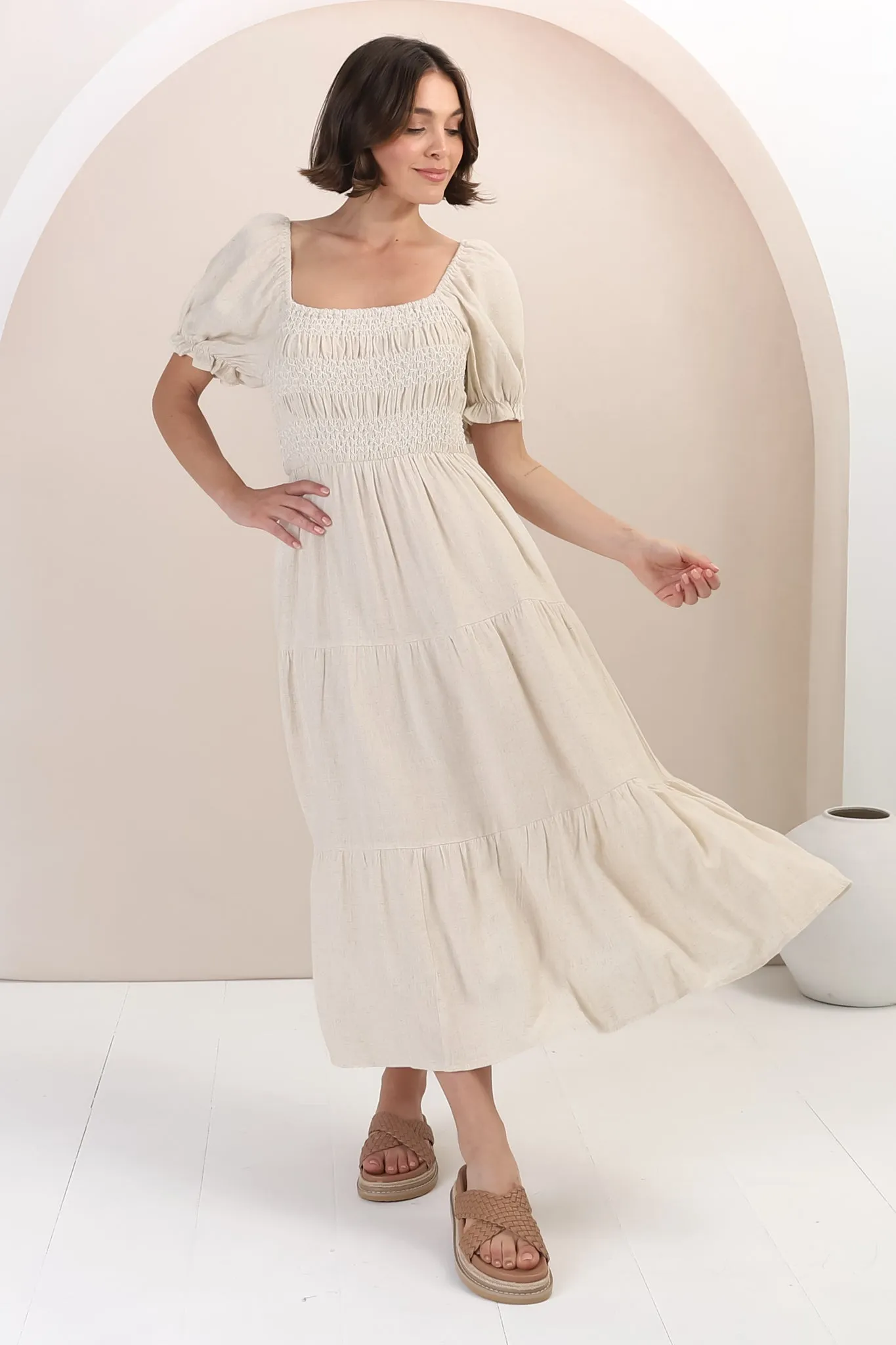 Audrey Midi Dress - On or Off Shoulder Shirred Bodice Linen Dress in Oat sold by Salty Crush product image thumbnail 5