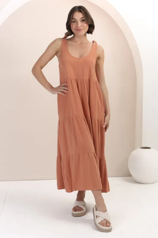Verona Midi Dress - Tie at Shoulder Straps Sun Dress in Rust sold by Salty Crush