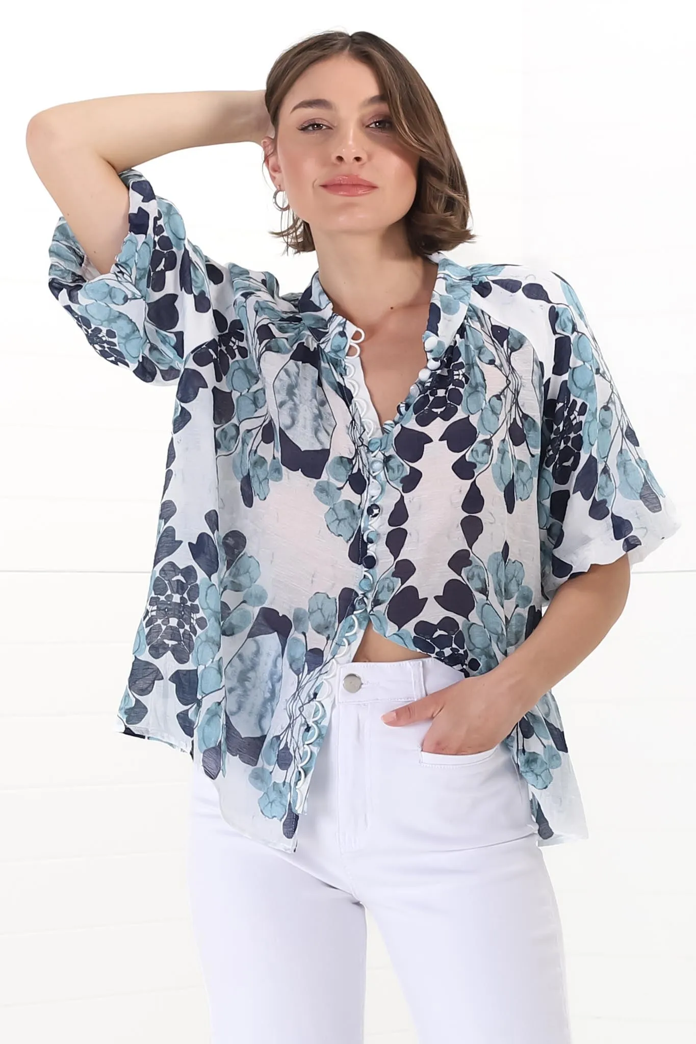 Natalia Blouse - Button Down Mandarin Collar Shirt in Calea Blue Print sold by Salty Crush product image thumbnail 2