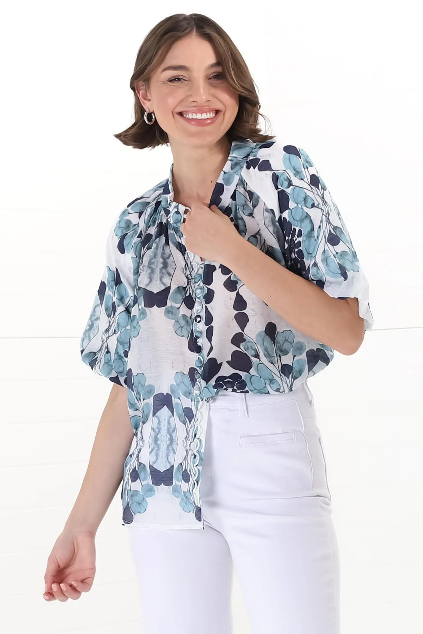 Natalia Blouse - Button Down Mandarin Collar Shirt in Calea Blue Print sold by Salty Crush product image thumbnail 3