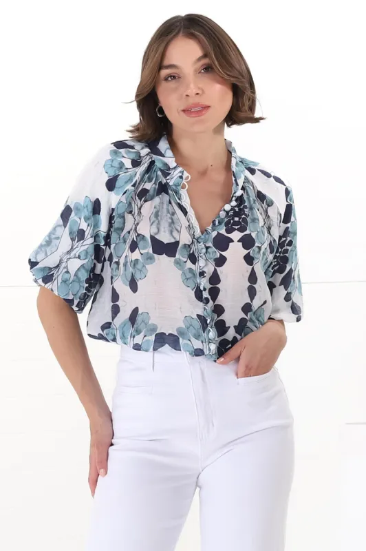 Natalia Blouse - Button Down Mandarin Collar Shirt in Calea Blue Print sold by Salty Crush