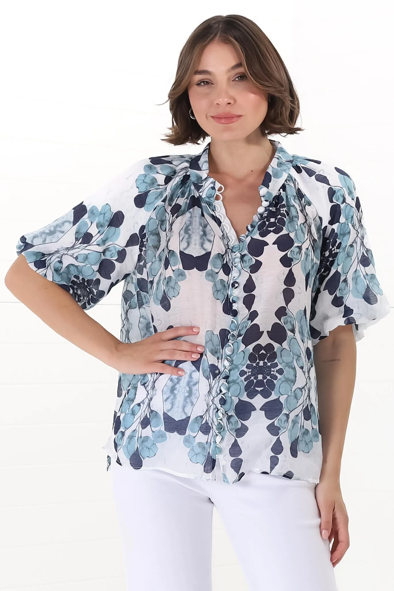Natalia Blouse - Button Down Mandarin Collar Shirt in Calea Blue Print sold by Salty Crush product image thumbnail 4