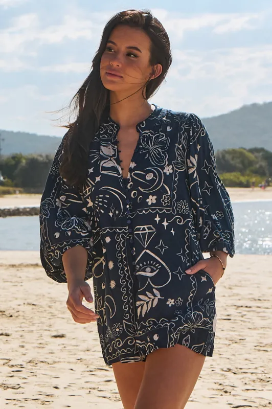 JAASE - Mahila Playsuit: Mandarin Collar Long Sleeves Playsuit in Elements Print sold by Salty Crush