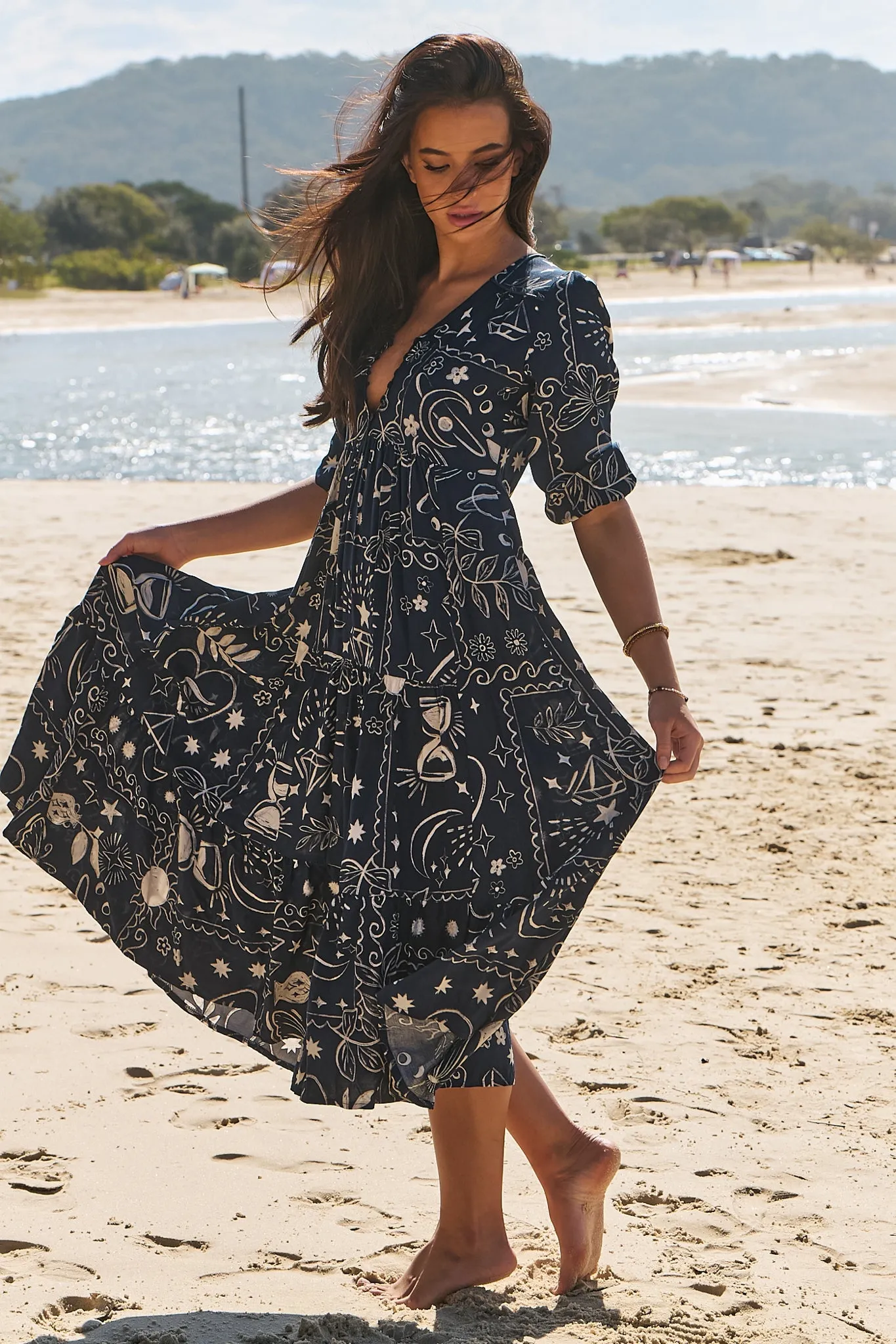 JAASE - Eve Midi Dress: V Neck Tiered Dress with Option Waist Tie in Elements Print sold by Salty Crush product image thumbnail 5