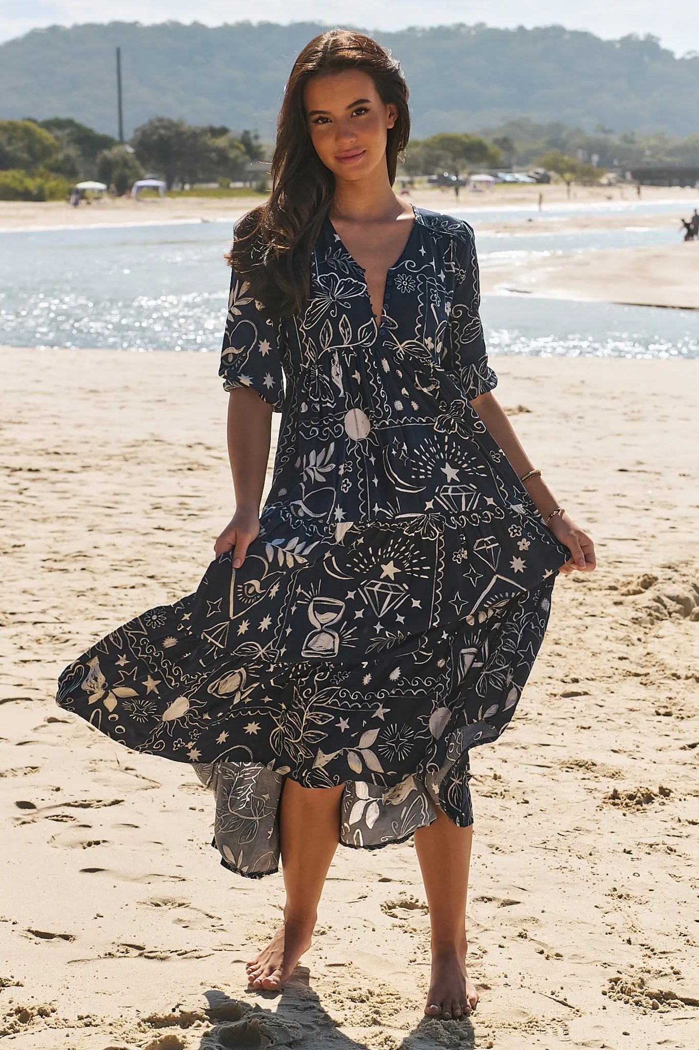 JAASE - Eve Midi Dress: V Neck Tiered Dress with Option Waist Tie in Elements Print sold by Salty Crush