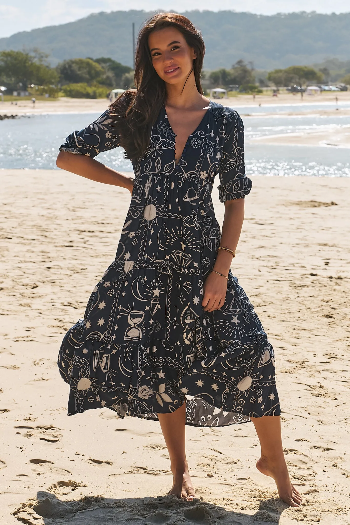 JAASE - Eve Midi Dress: V Neck Tiered Dress with Option Waist Tie in Elements Print sold by Salty Crush product image thumbnail 4