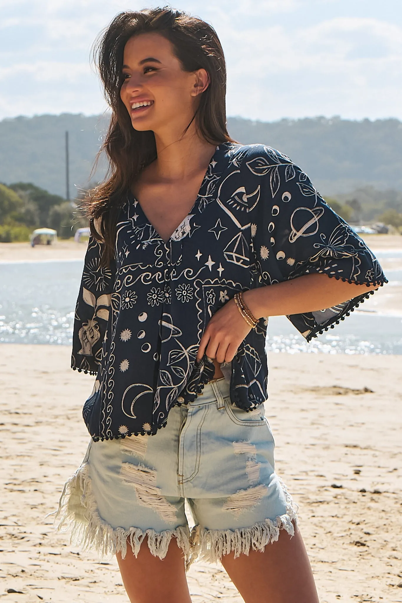 JAASE - Gabriella Top: Mandarin Collar Deep V Neck Crochet Trim Top in Elements Print sold by Salty Crush product image thumbnail 3