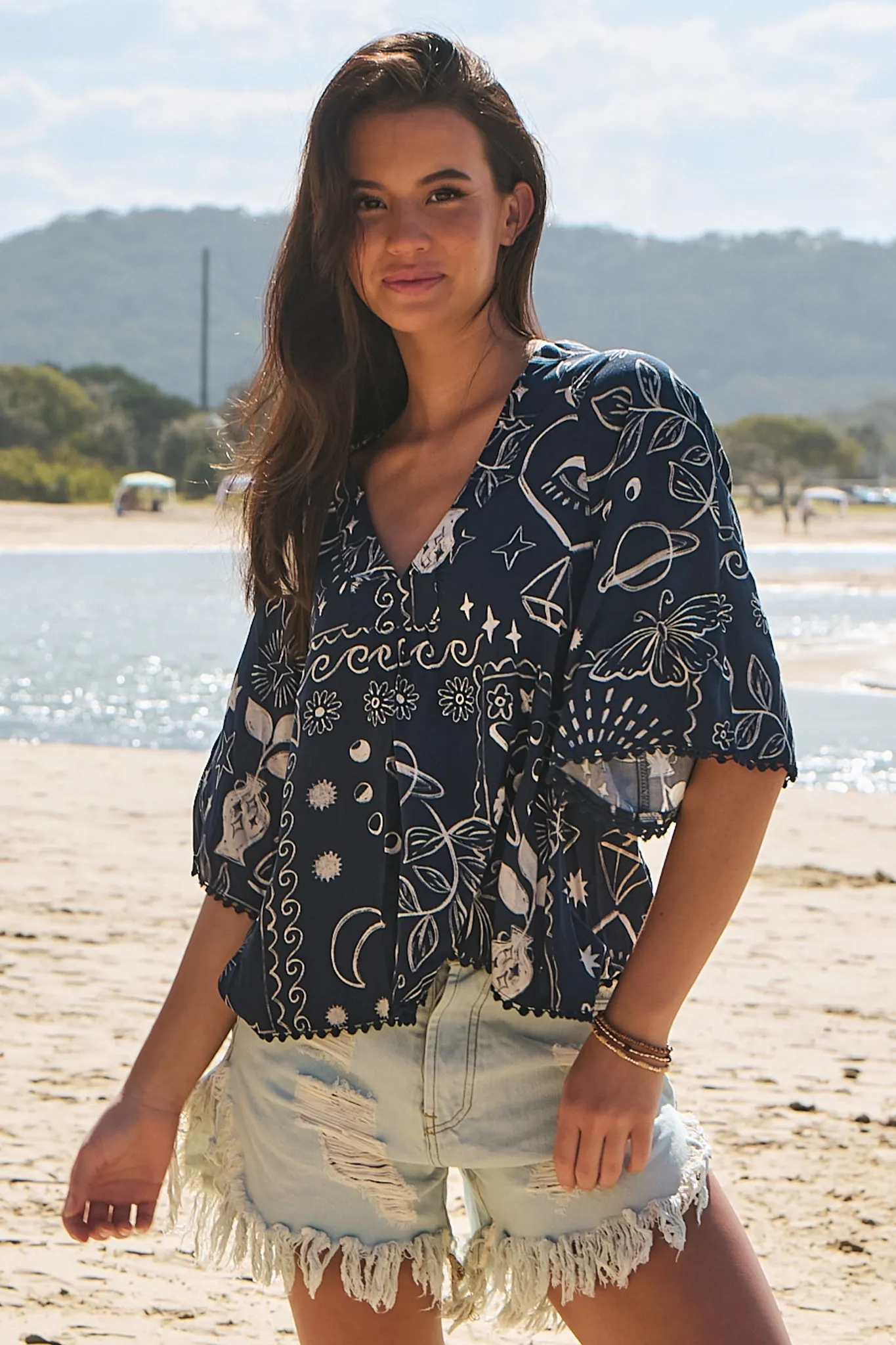 JAASE - Gabriella Top: Mandarin Collar Deep V Neck Crochet Trim Top in Elements Print sold by Salty Crush