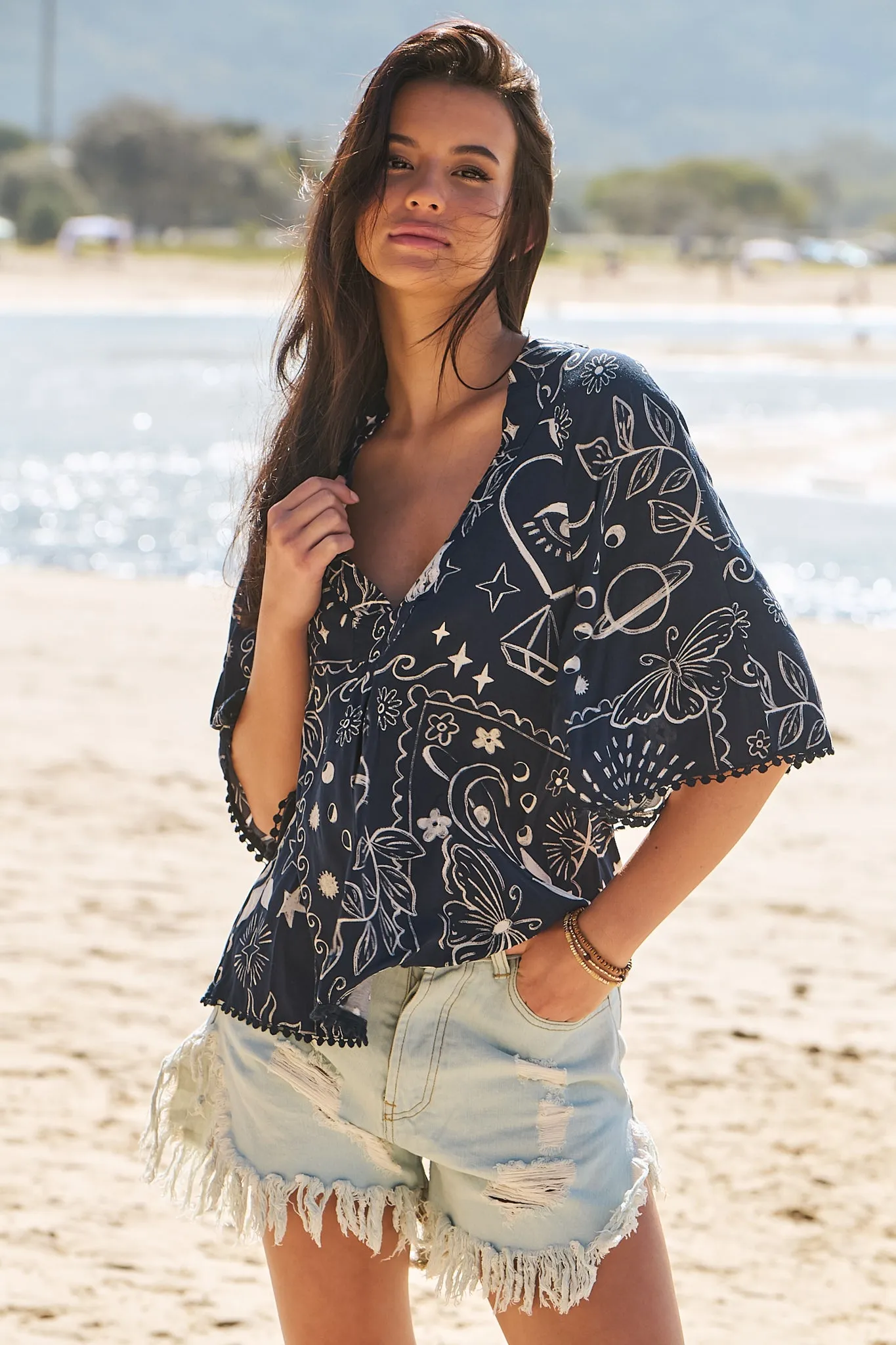 JAASE - Gabriella Top: Mandarin Collar Deep V Neck Crochet Trim Top in Elements Print sold by Salty Crush product image thumbnail 5