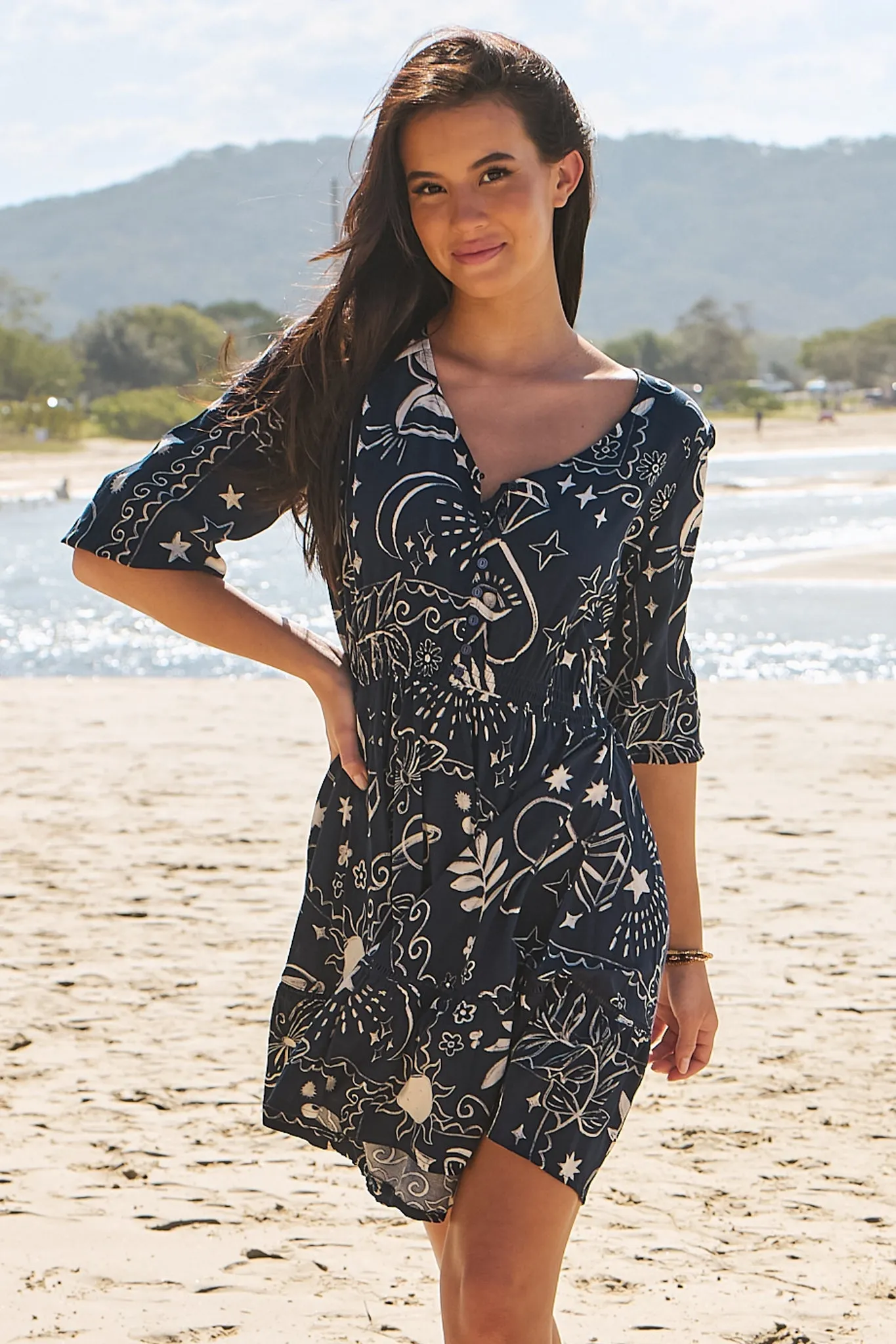 JAASE - Celine Mini Dress: V Neck Elasticated Waist Circle Hemline Dress in Elements Print sold by Salty Crush