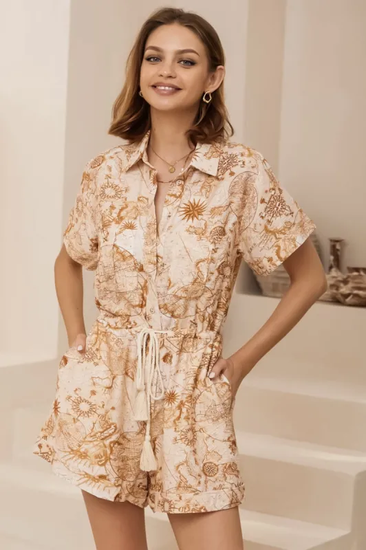 Jarah Playsuit - Collared Button Down to Waist with Tie Playsuit in Emory Print sold by Salty Crush