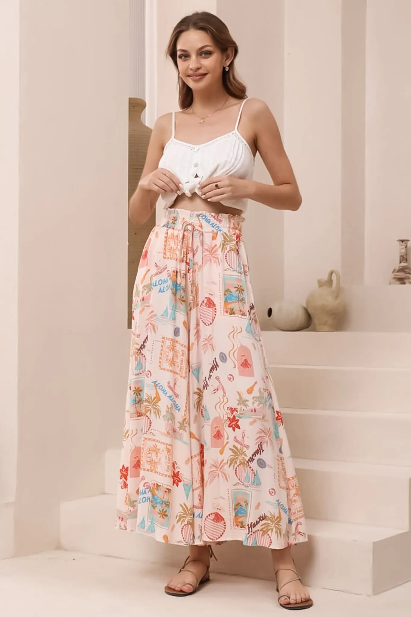 Mezza Pants - Paper Bag High Waisted Wide Leg Pants in Avah Print sold by Salty Crush