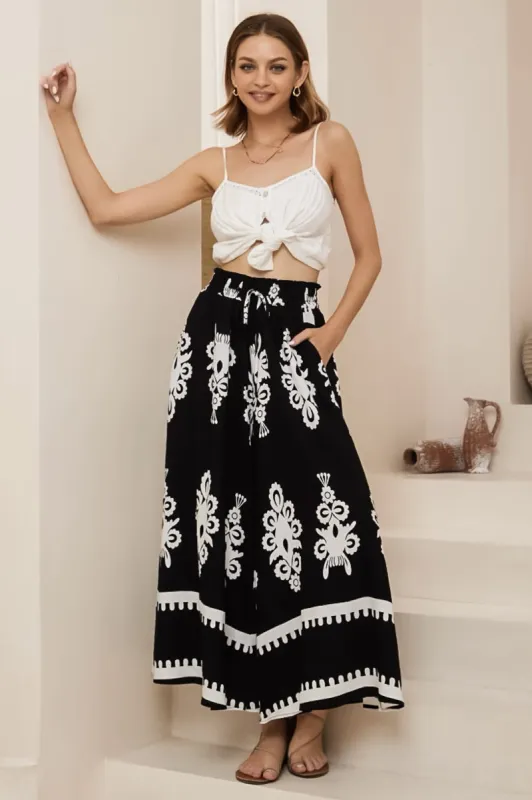 Mezza Pants - Paper Bag High Waisted Wide Leg Pants in Maceo Print Black sold by Salty Crush