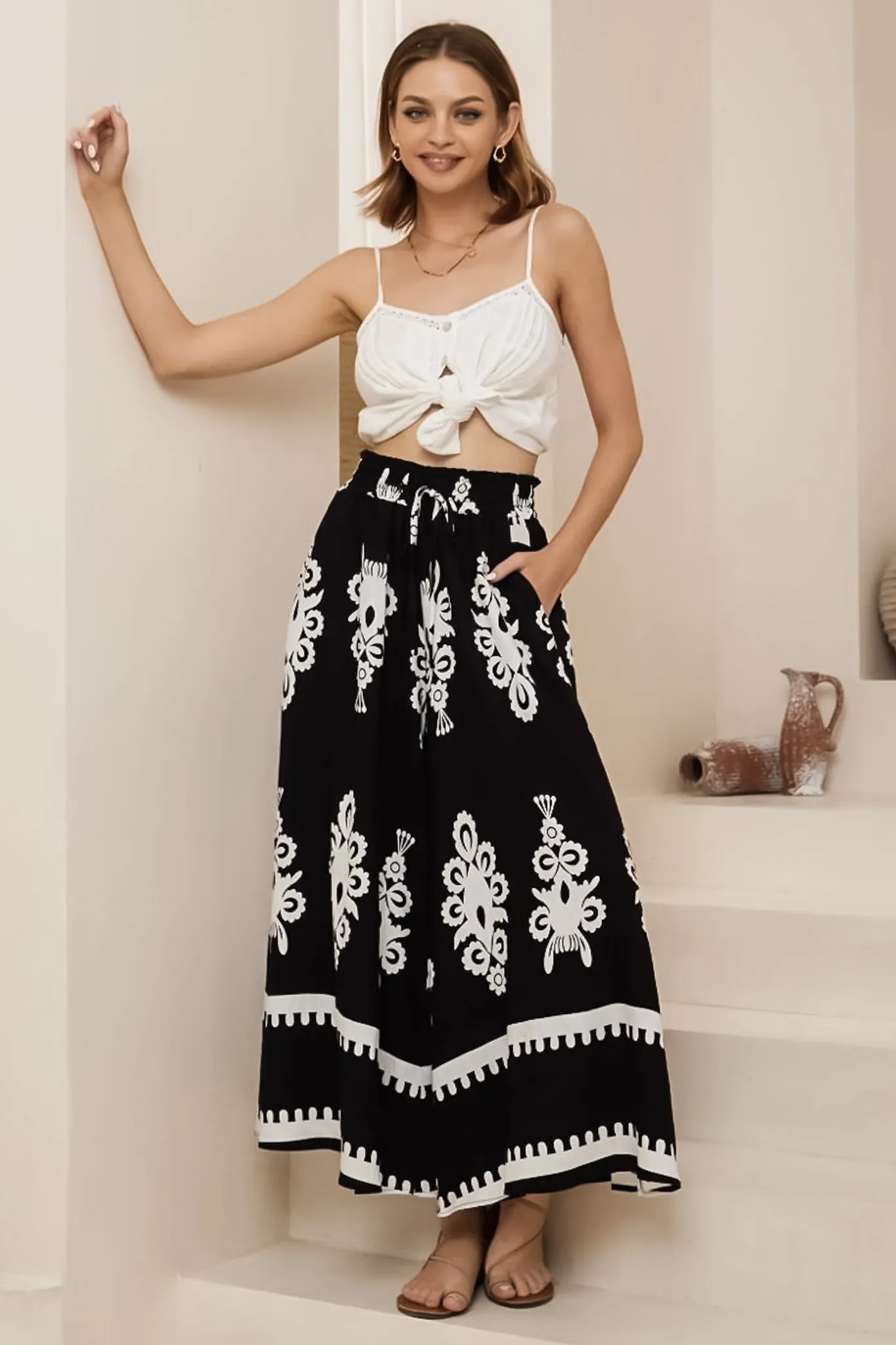 Mezza Pants - Paper Bag High Waisted Wide Leg Pants in Maceo Print Black sold by Salty Crush