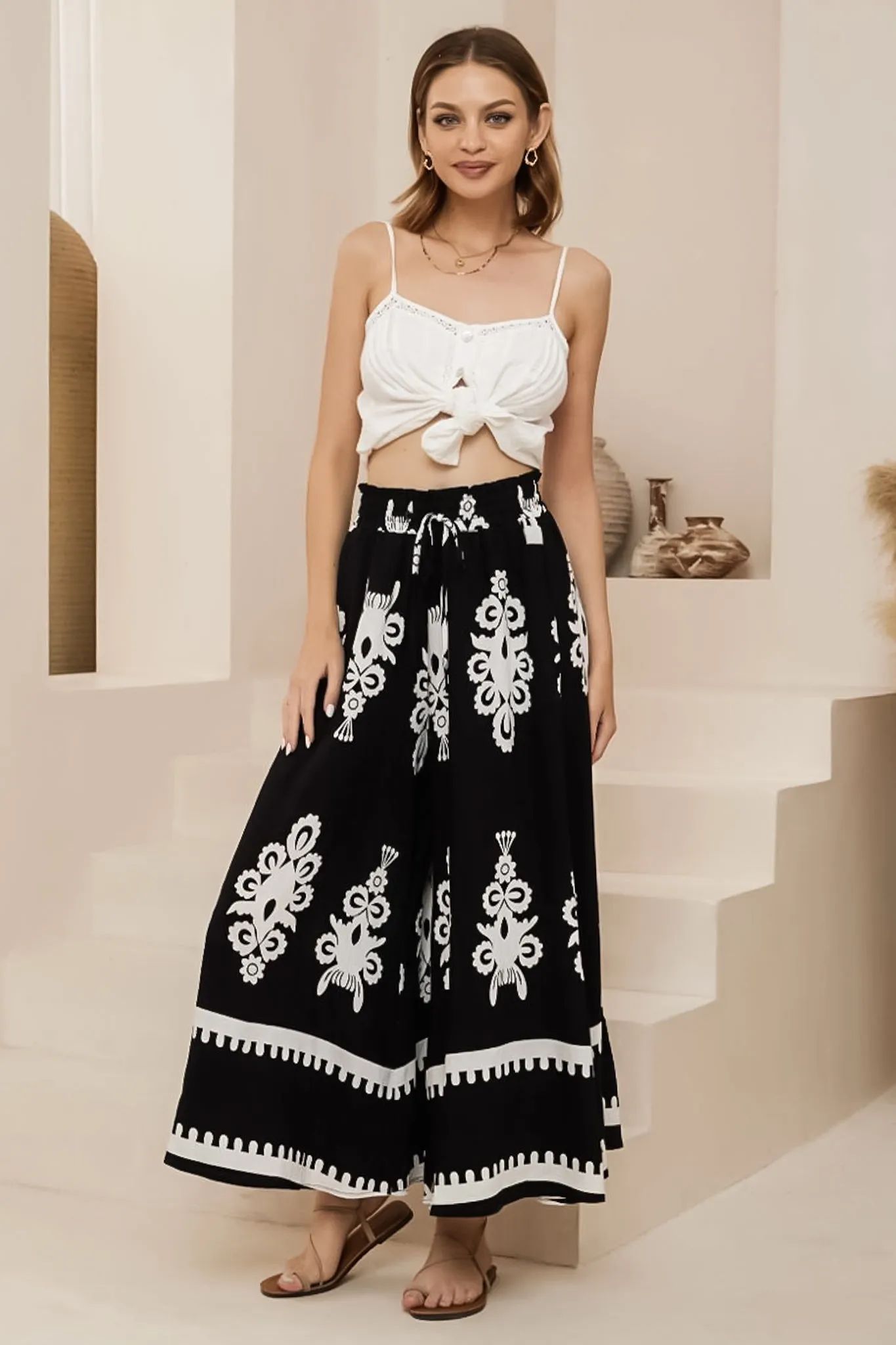 Mezza Pants - Paper Bag High Waisted Wide Leg Pants in Maceo Print Black sold by Salty Crush product image thumbnail 2